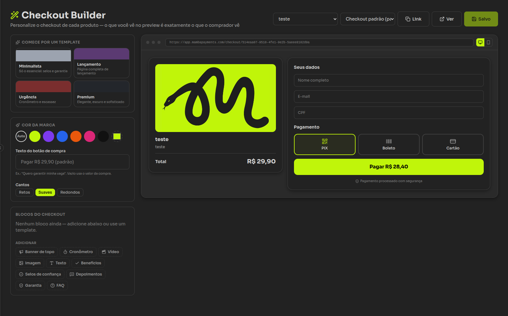 Tela do Checkout Builder da MambaPay com blocos, cor da marca e preview ao vivo